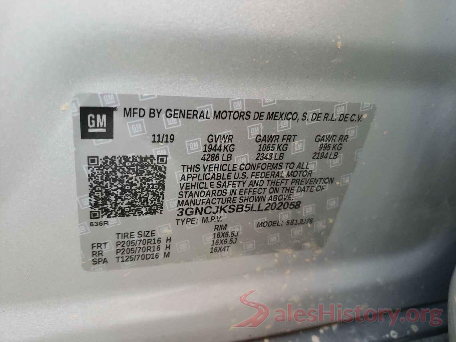 3GNCJKSB5LL202058 2020 CHEVROLET TRAX