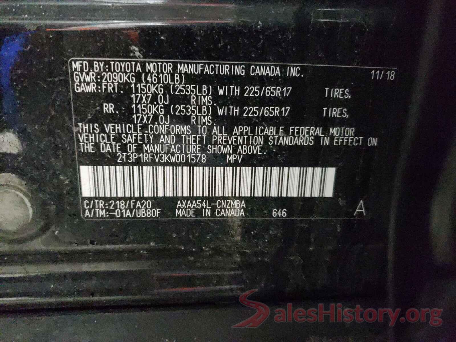 2T3P1RFV3KW001578 2019 TOYOTA RAV4