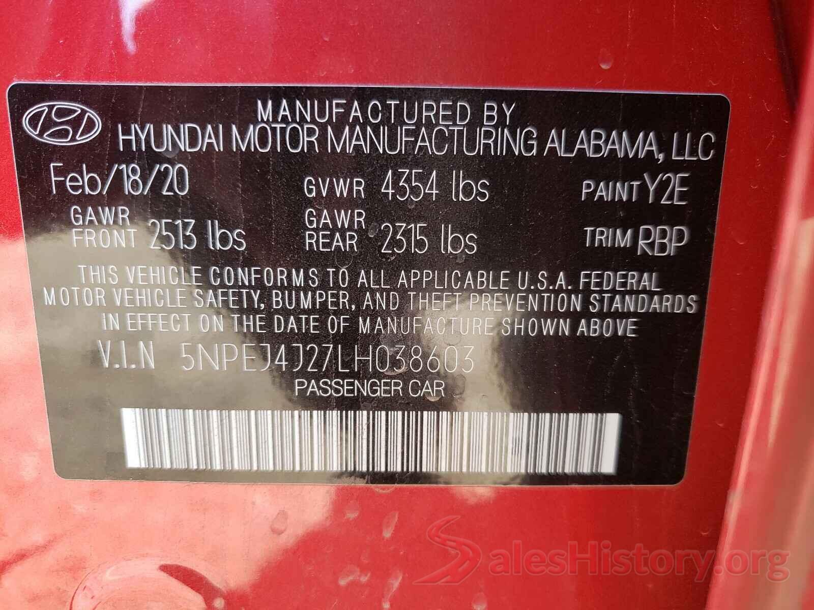 5NPEJ4J27LH038603 2020 HYUNDAI SONATA