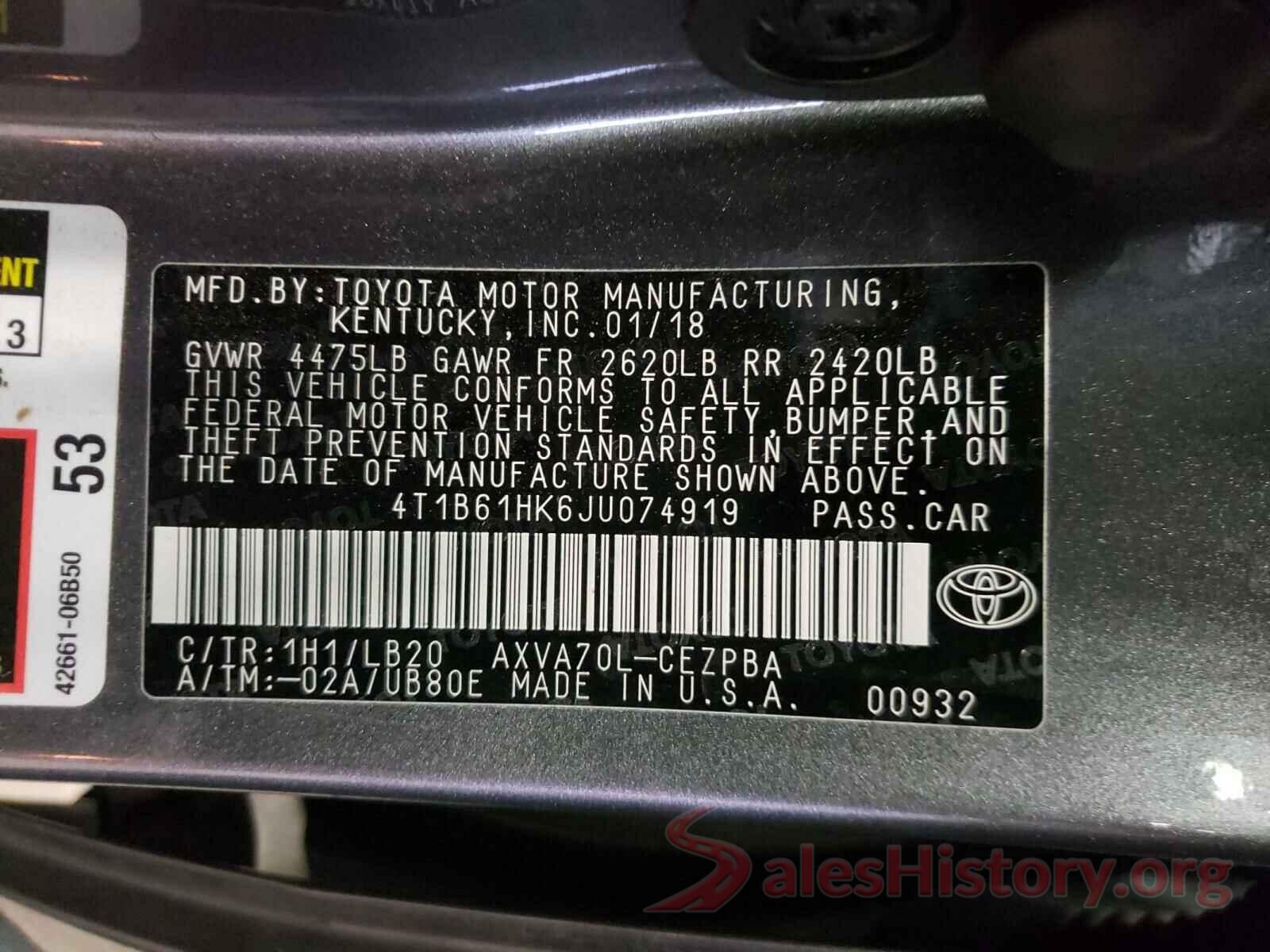 4T1B61HK6JU074919 2018 TOYOTA CAMRY