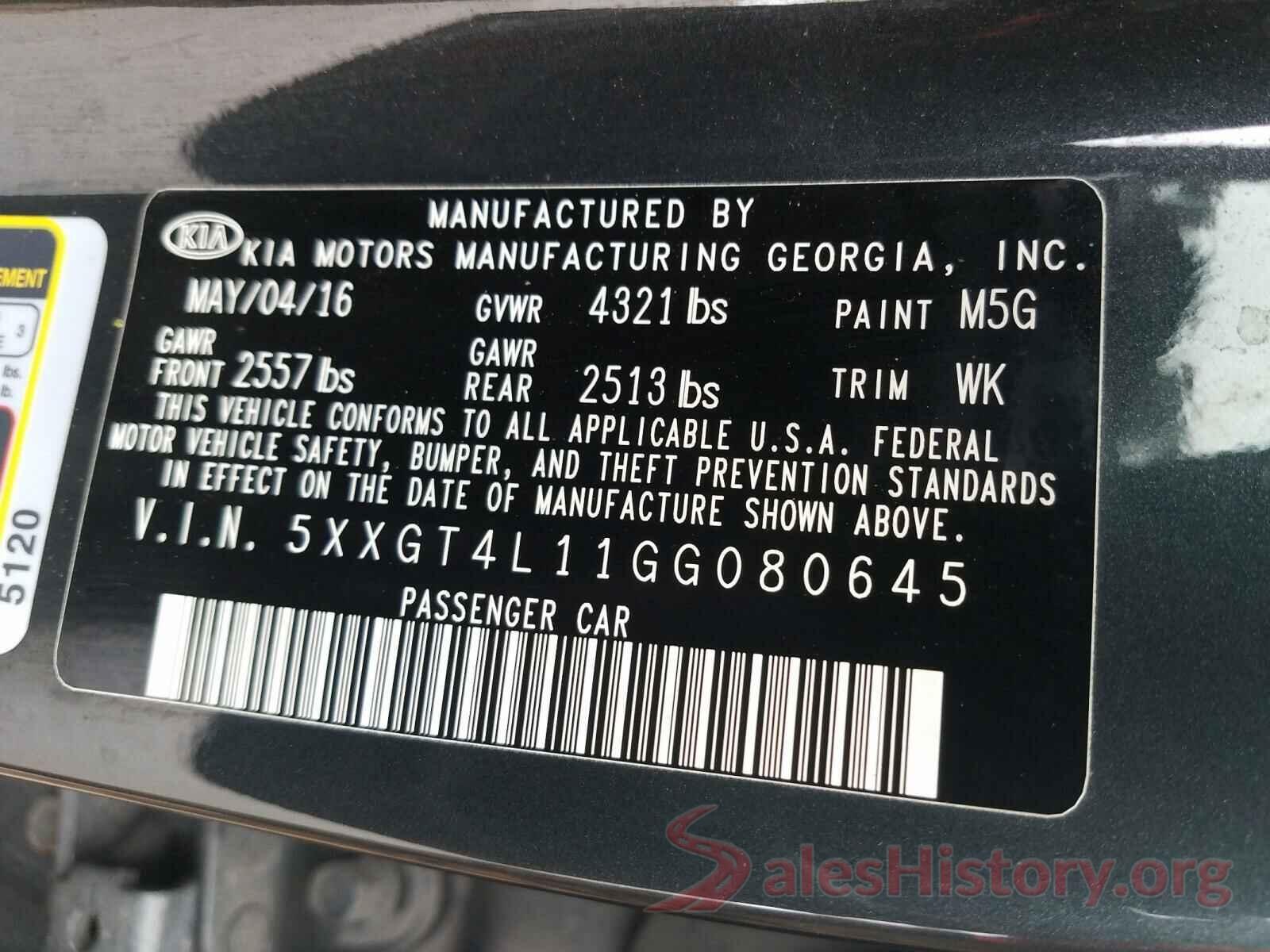 5XXGT4L11GG080645 2016 KIA OPTIMA