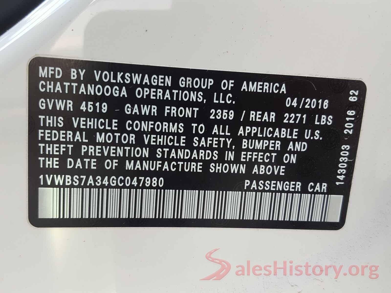 1VWBS7A34GC047980 2016 VOLKSWAGEN PASSAT