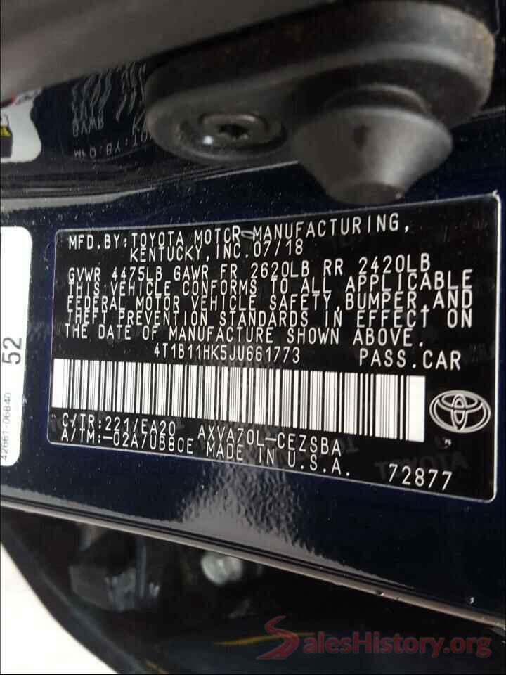 4T1B11HK5JU661773 2018 TOYOTA CAMRY