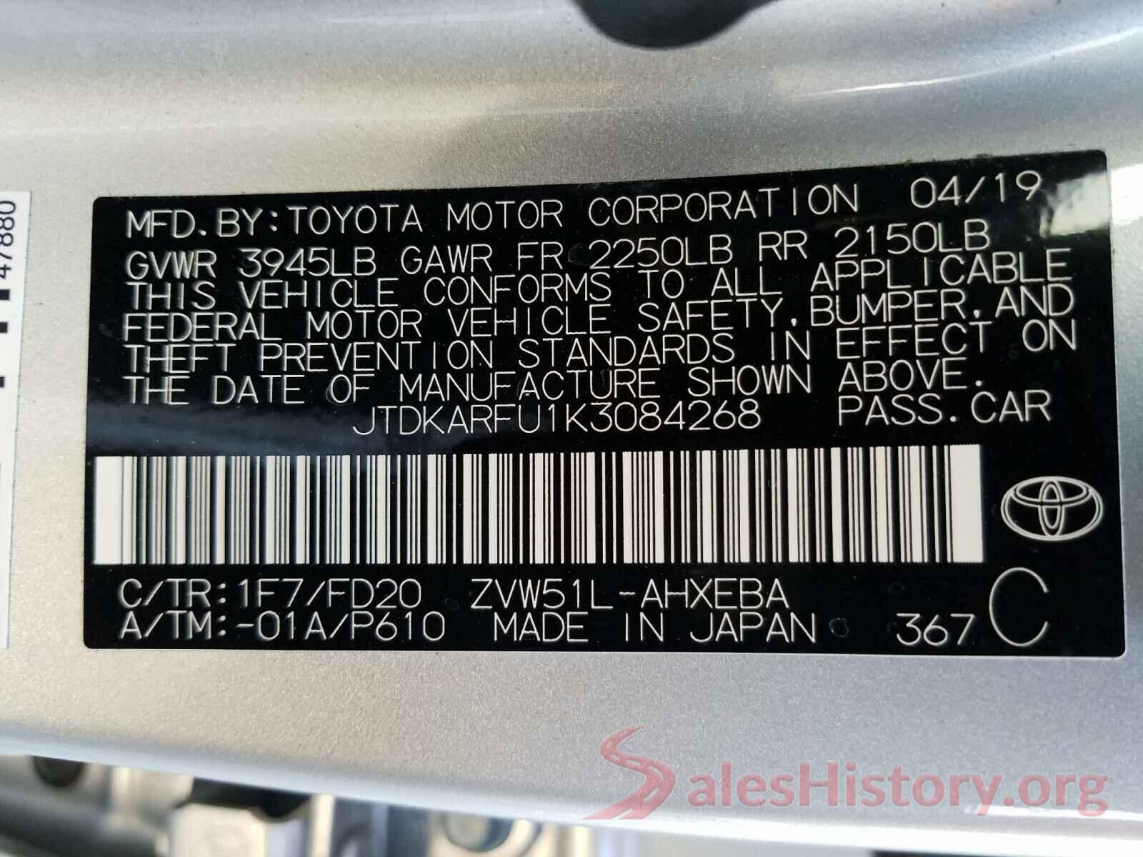 JTDKARFU1K3084268 2019 TOYOTA PRIUS