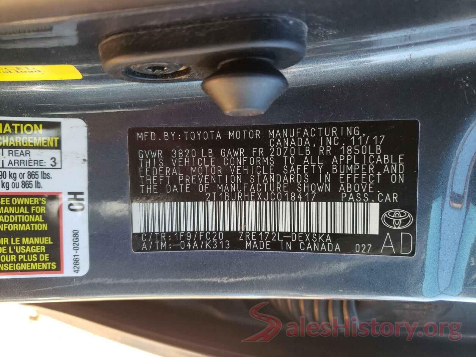 2T1BURHEXJC018417 2018 TOYOTA COROLLA