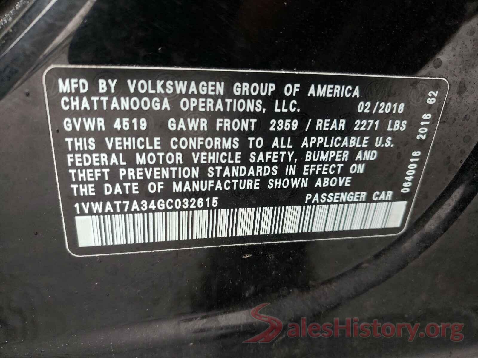 1VWAT7A34GC032615 2016 VOLKSWAGEN PASSAT