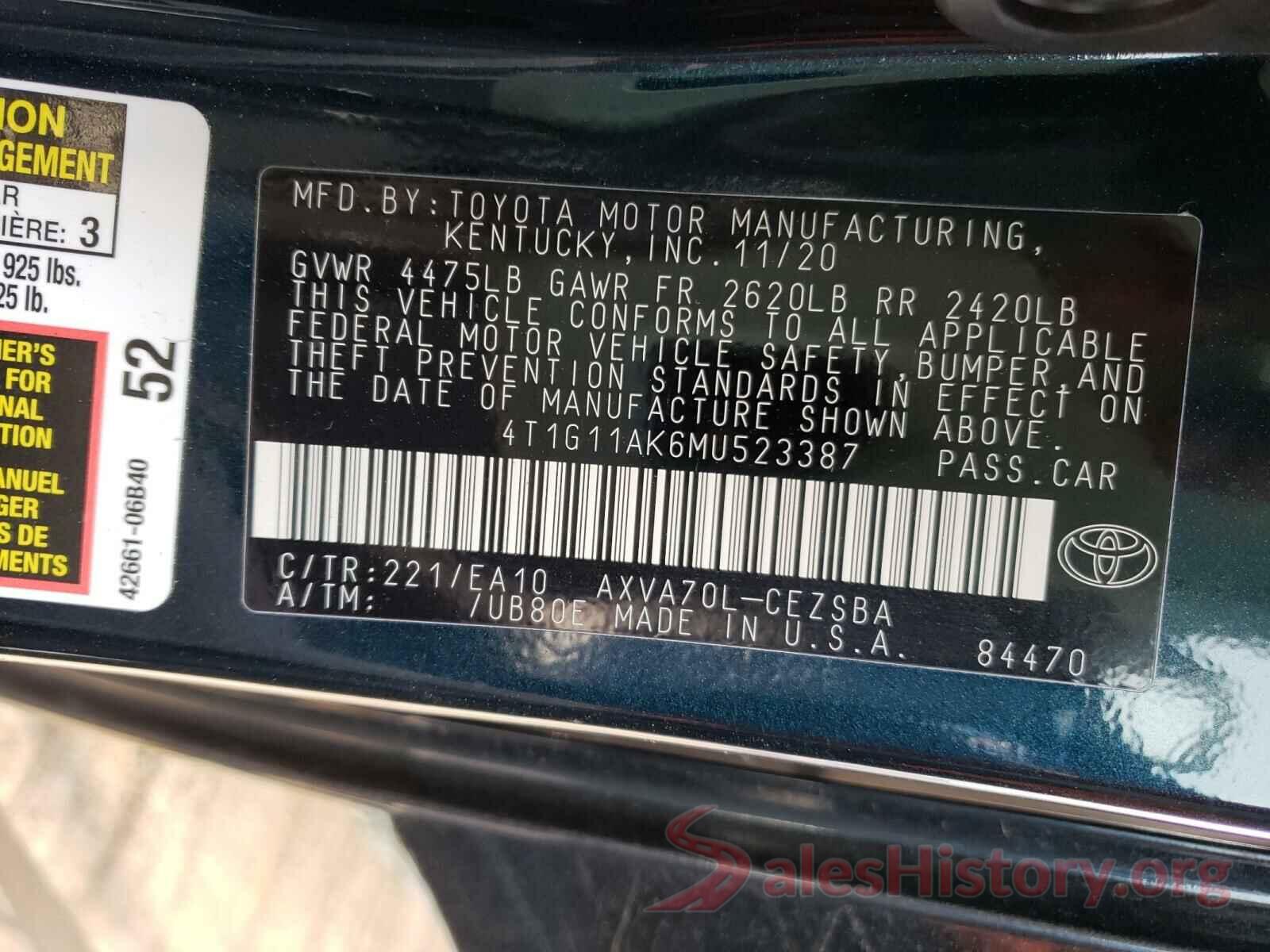 4T1G11AK6MU523387 2021 TOYOTA CAMRY