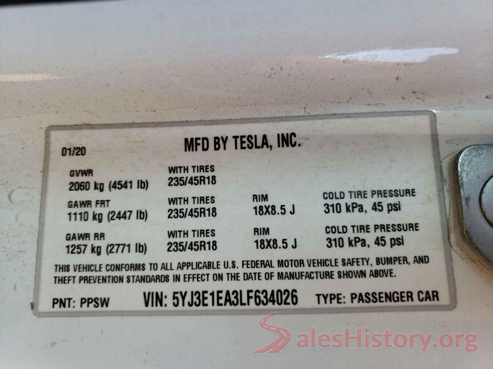 5YJ3E1EA3LF634026 2020 TESLA MODEL 3