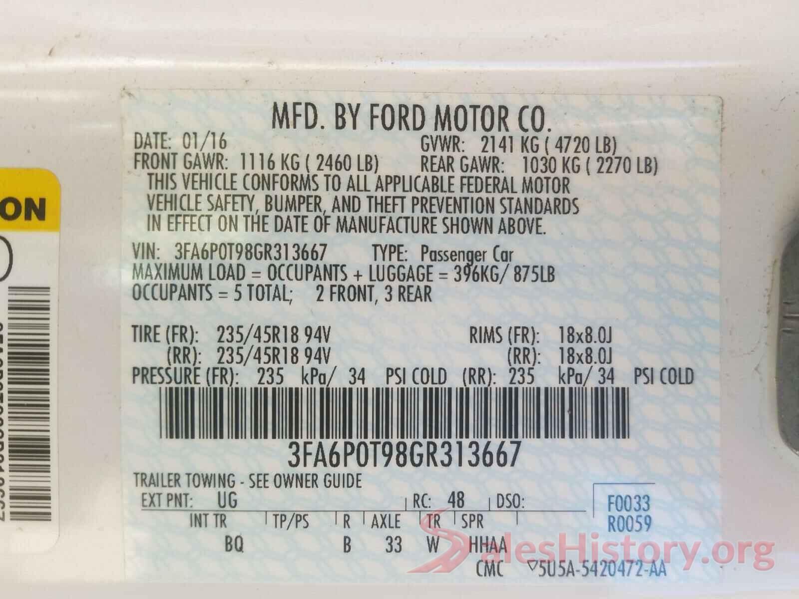 3FA6P0T98GR313667 2016 FORD FUSION