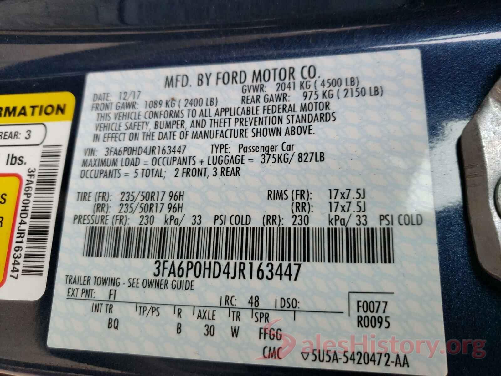 3FA6P0HD4JR163447 2018 FORD FUSION