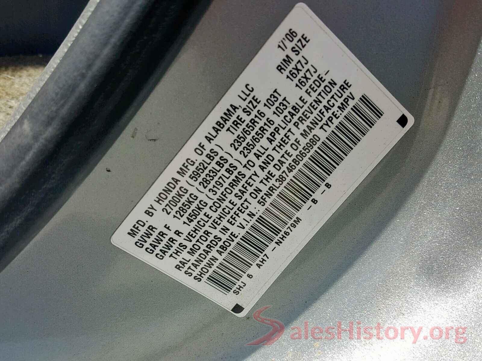 5FNRL38746B065980 2006 HONDA ODYSSEY EX