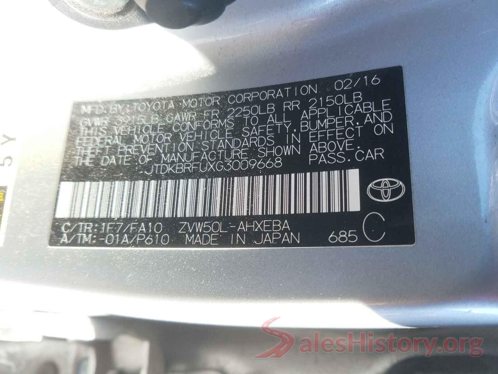 JTDKBRFUXG3009668 2016 TOYOTA PRIUS