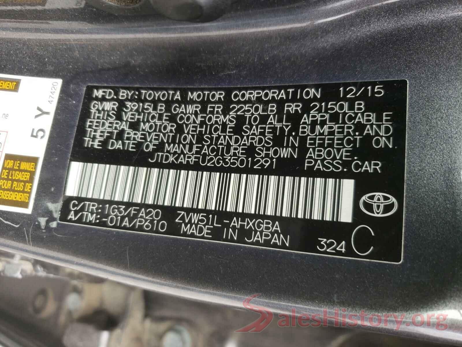 JTDKARFU2G3501291 2016 TOYOTA PRIUS