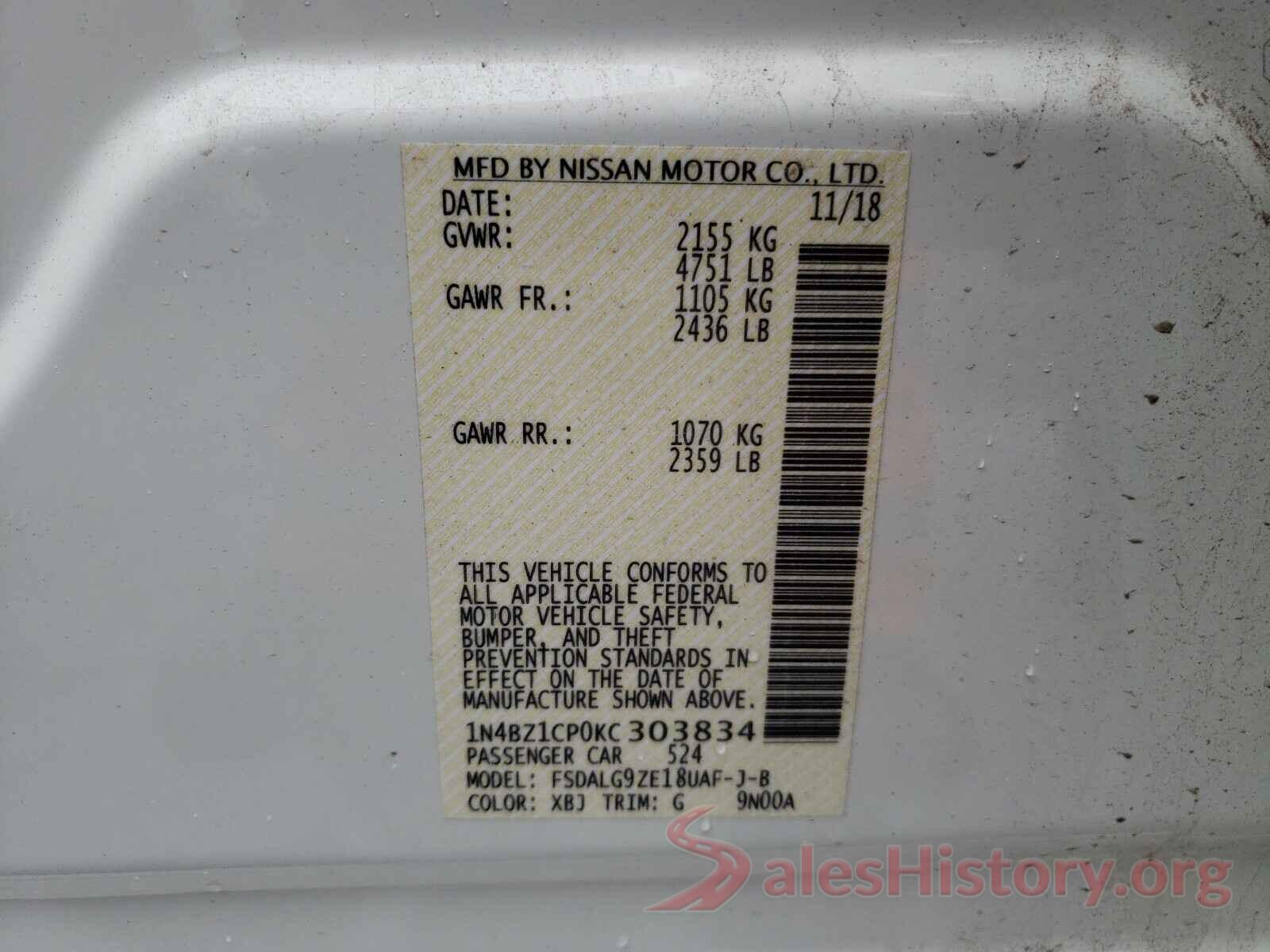 1N4BZ1CP0KC303834 2019 NISSAN LEAF