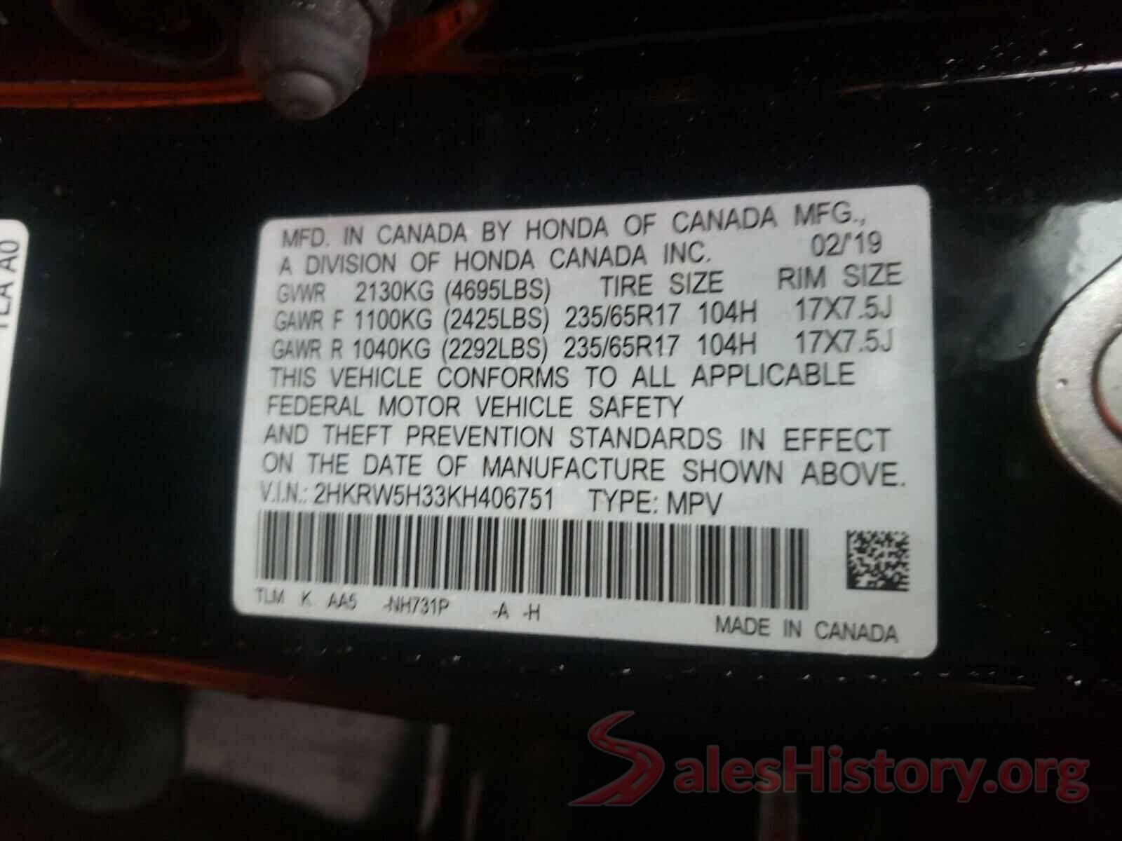 2HKRW5H33KH406751 2019 HONDA CRV