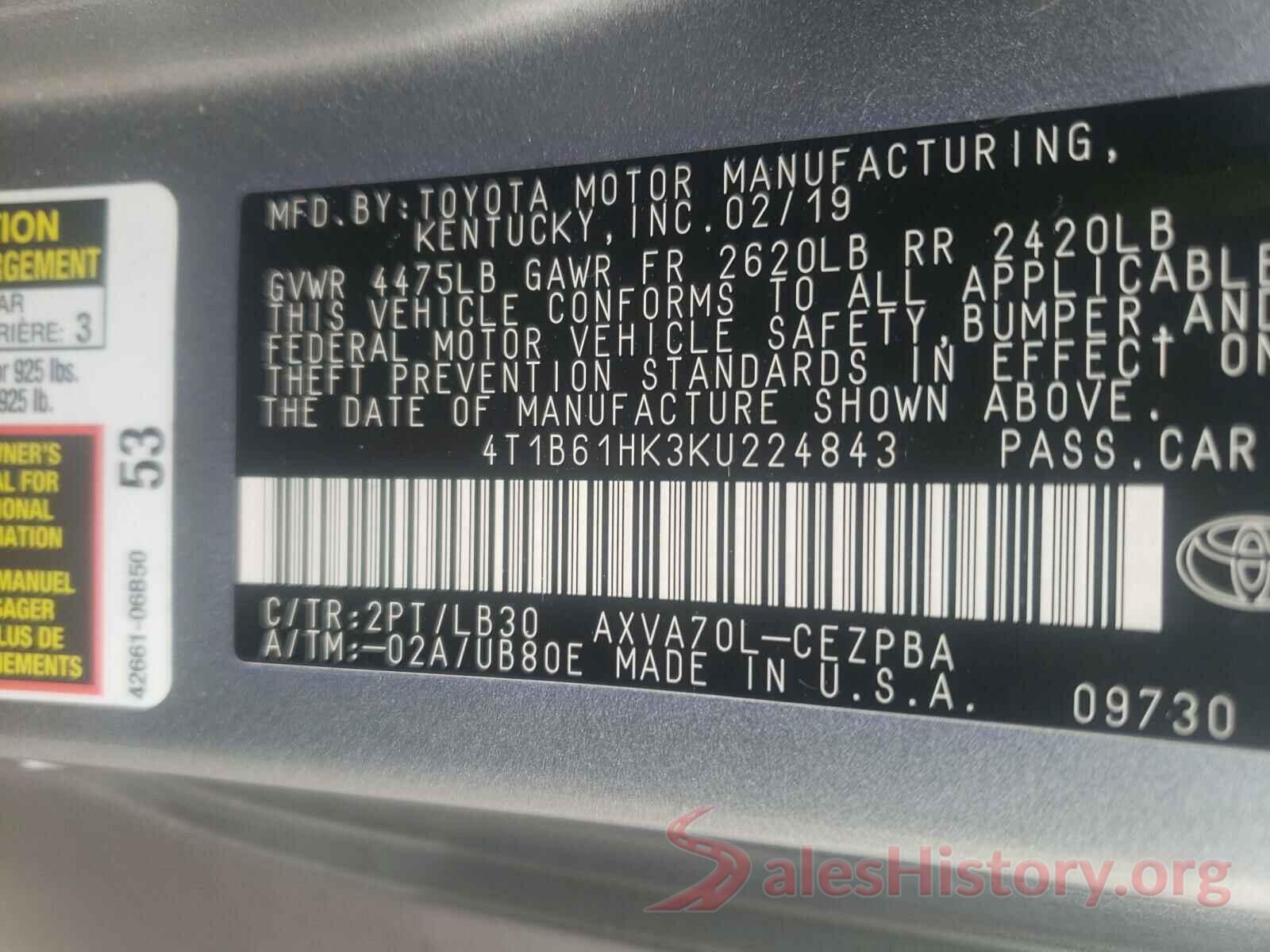 4T1B61HK3KU224843 2019 TOYOTA CAMRY