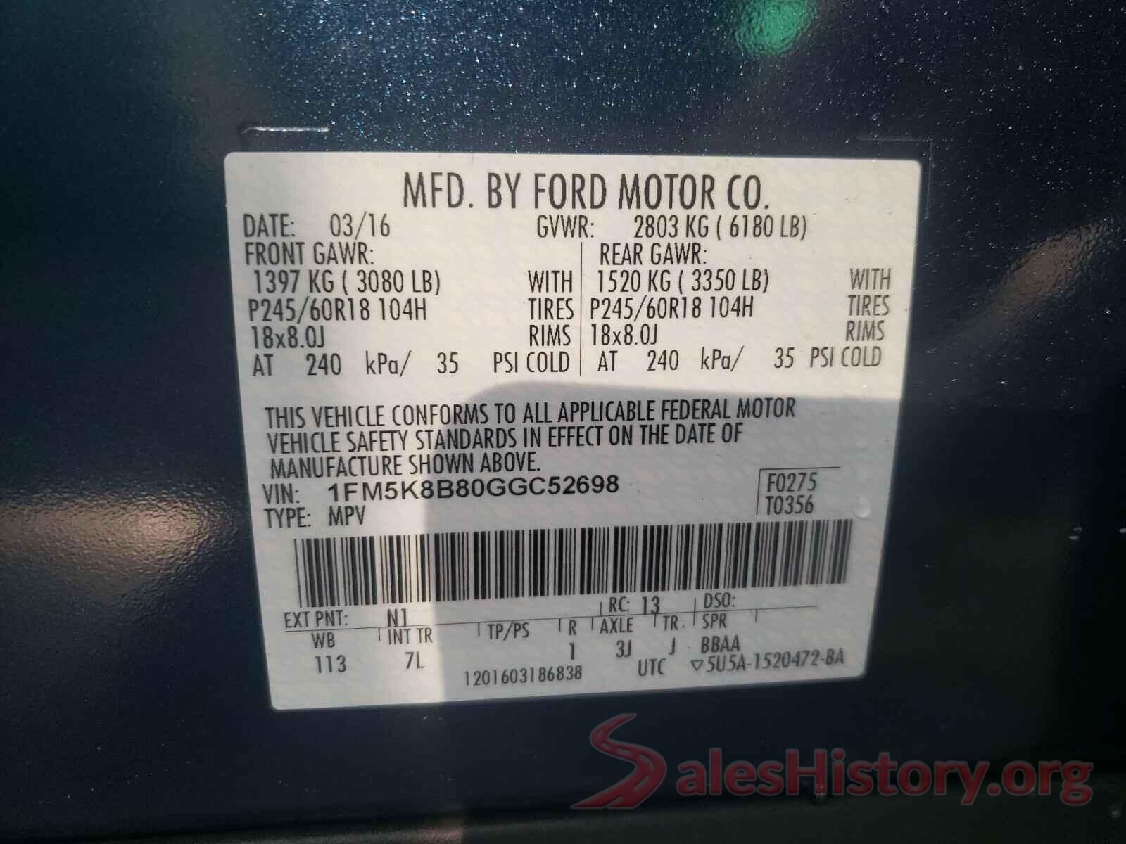 1FM5K8B80GGC52698 2016 FORD EXPLORER