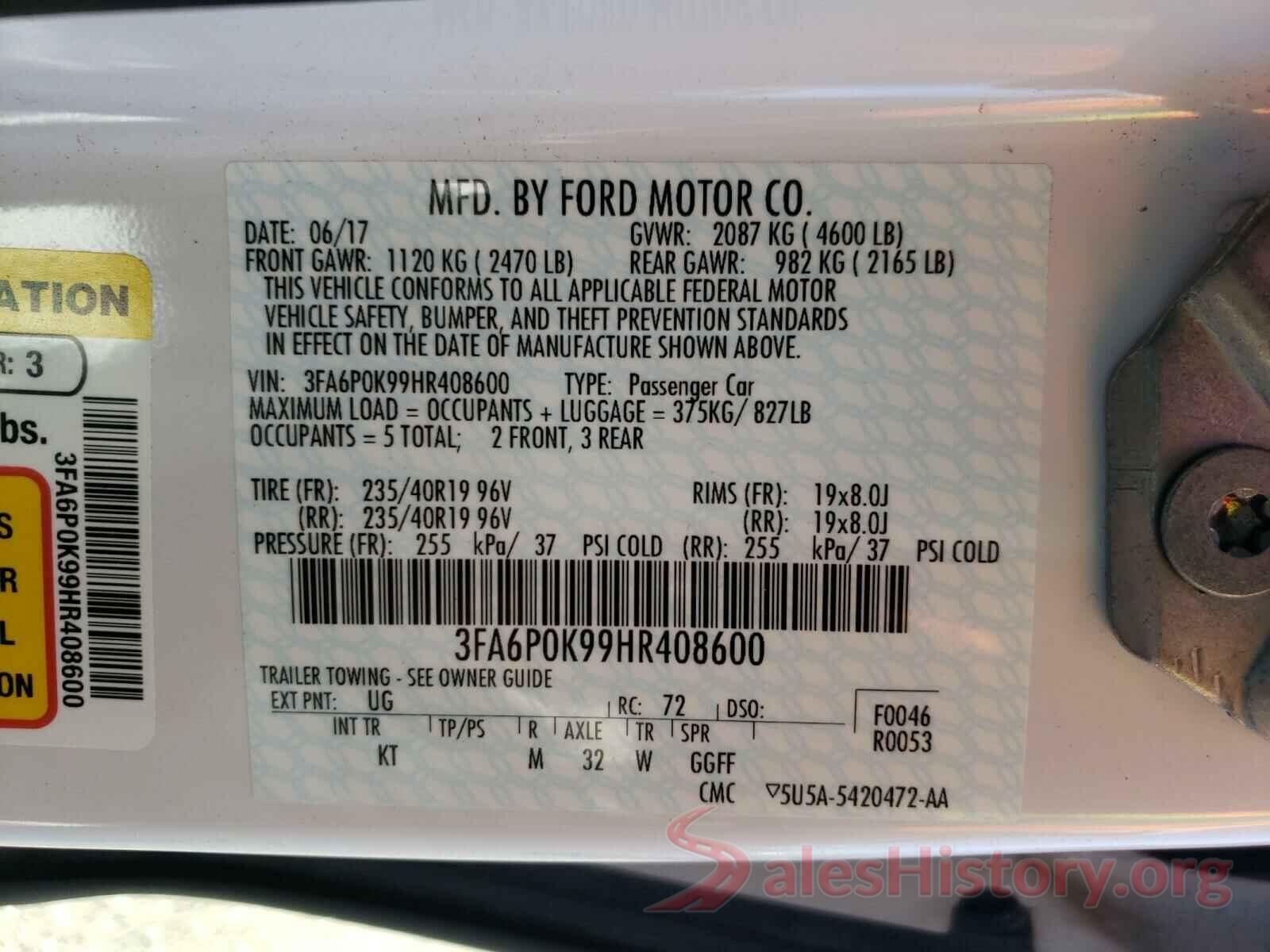 3FA6P0K99HR408600 2017 FORD FUSION