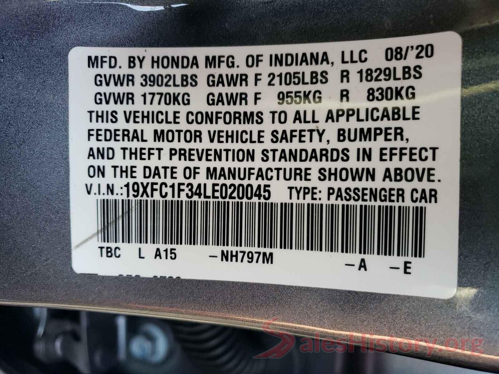 19XFC1F34LE020045 2020 HONDA CIVIC