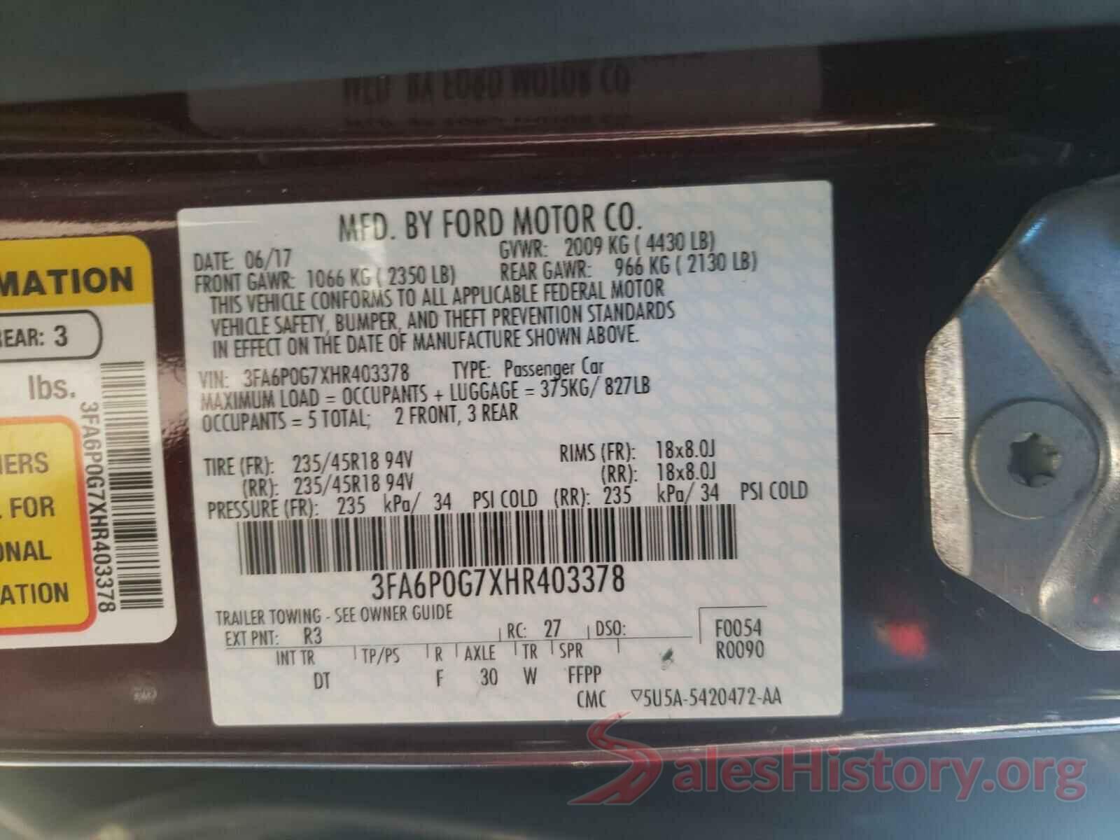 3FA6P0G7XHR403378 2017 FORD FUSION