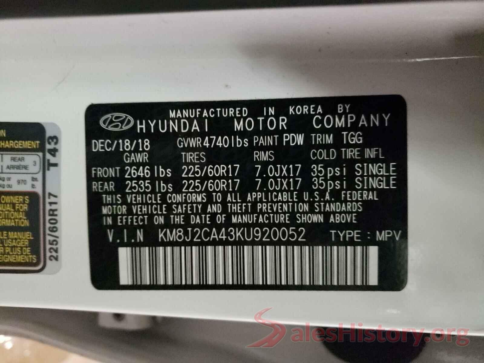 KM8J2CA43KU920052 2019 HYUNDAI TUCSON