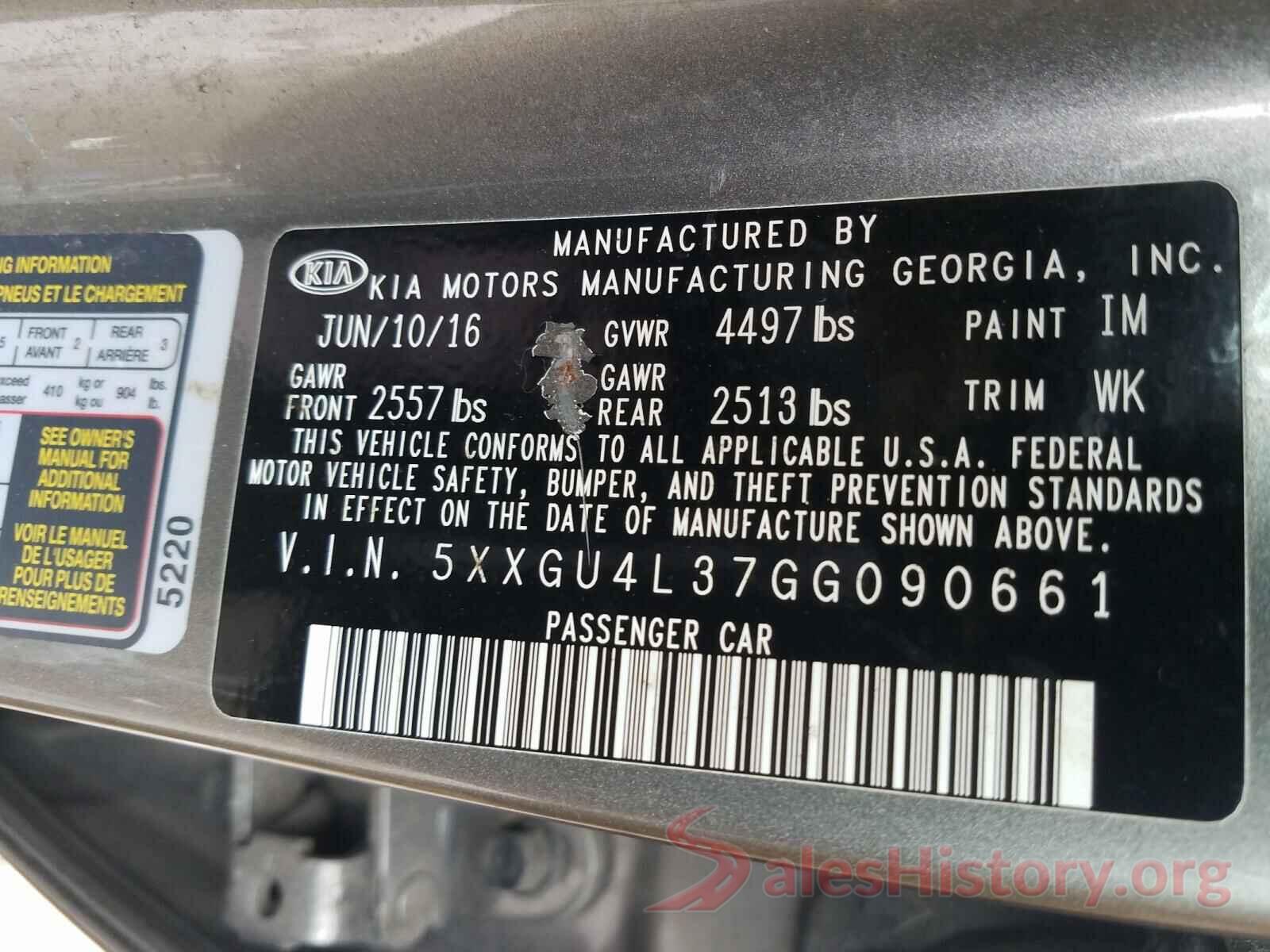 5XXGU4L37GG090661 2016 KIA OPTIMA