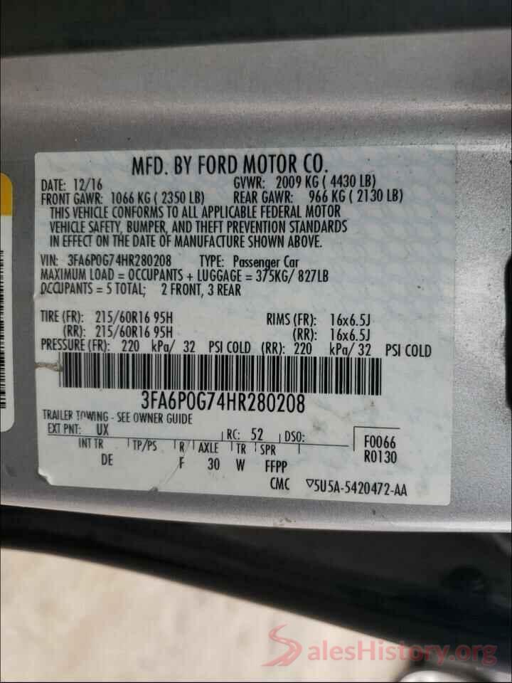 3FA6P0G74HR280208 2017 FORD FUSION