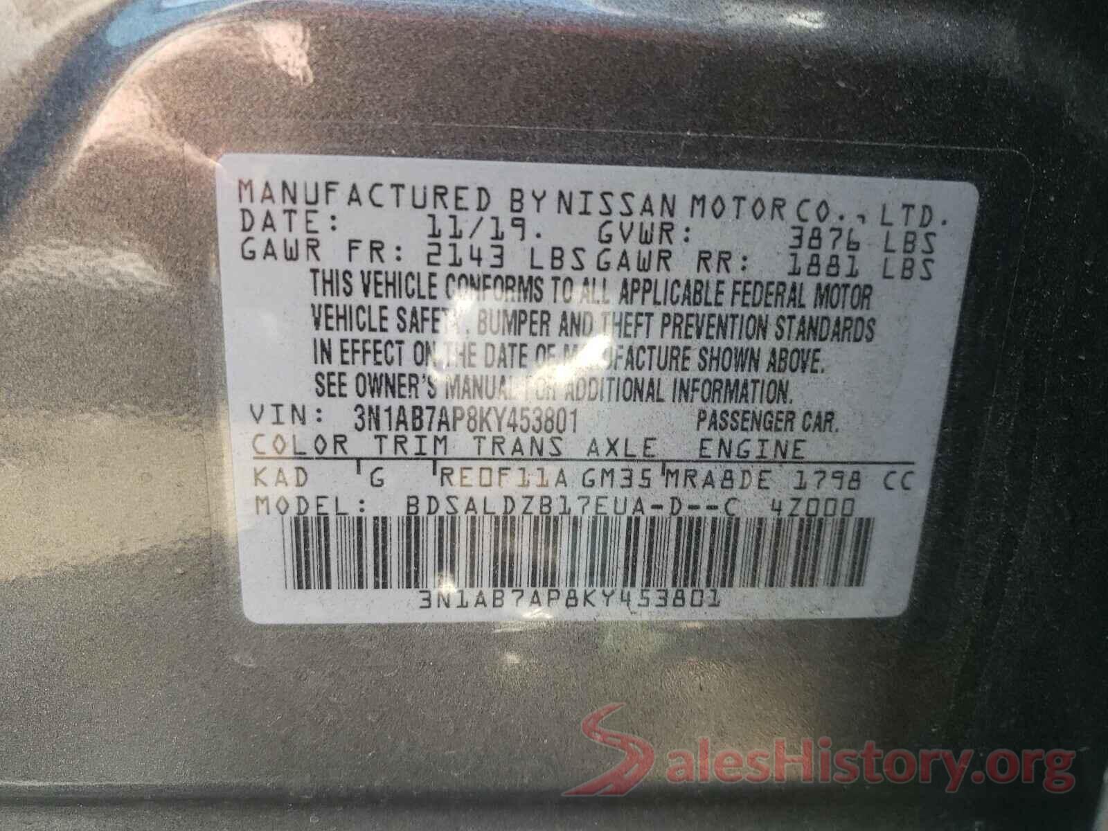 3N1AB7AP8KY453801 2019 NISSAN SENTRA