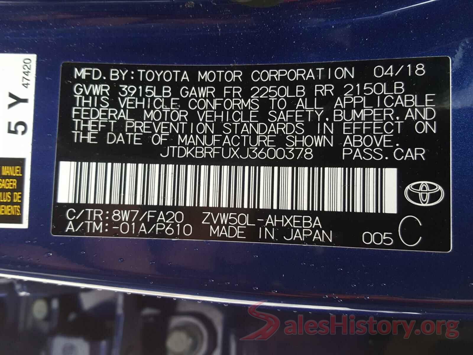 JTDKBRFUXJ3600378 2018 TOYOTA PRIUS