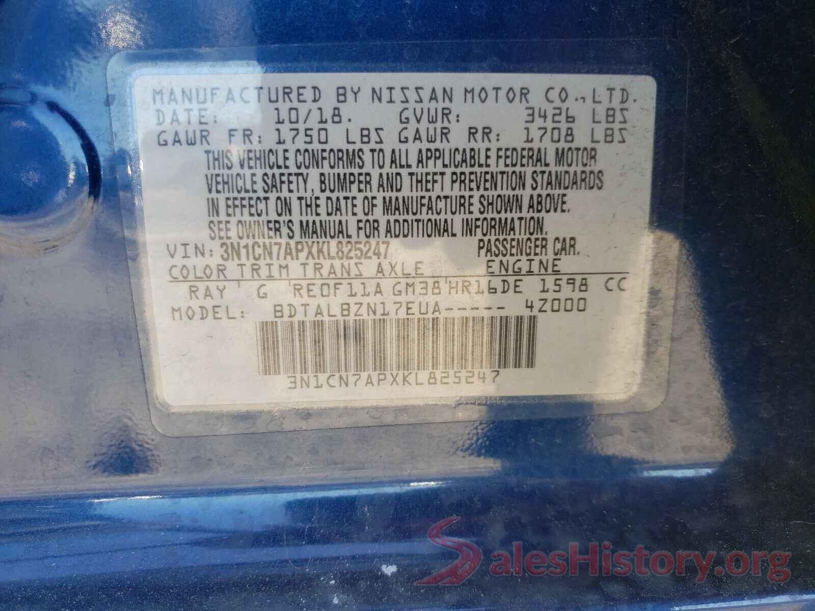 3N1CN7APXKL825247 2019 NISSAN VERSA