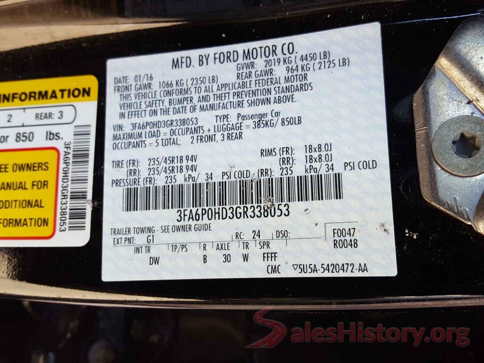 3FA6P0HD3GR338053 2016 FORD FUSION