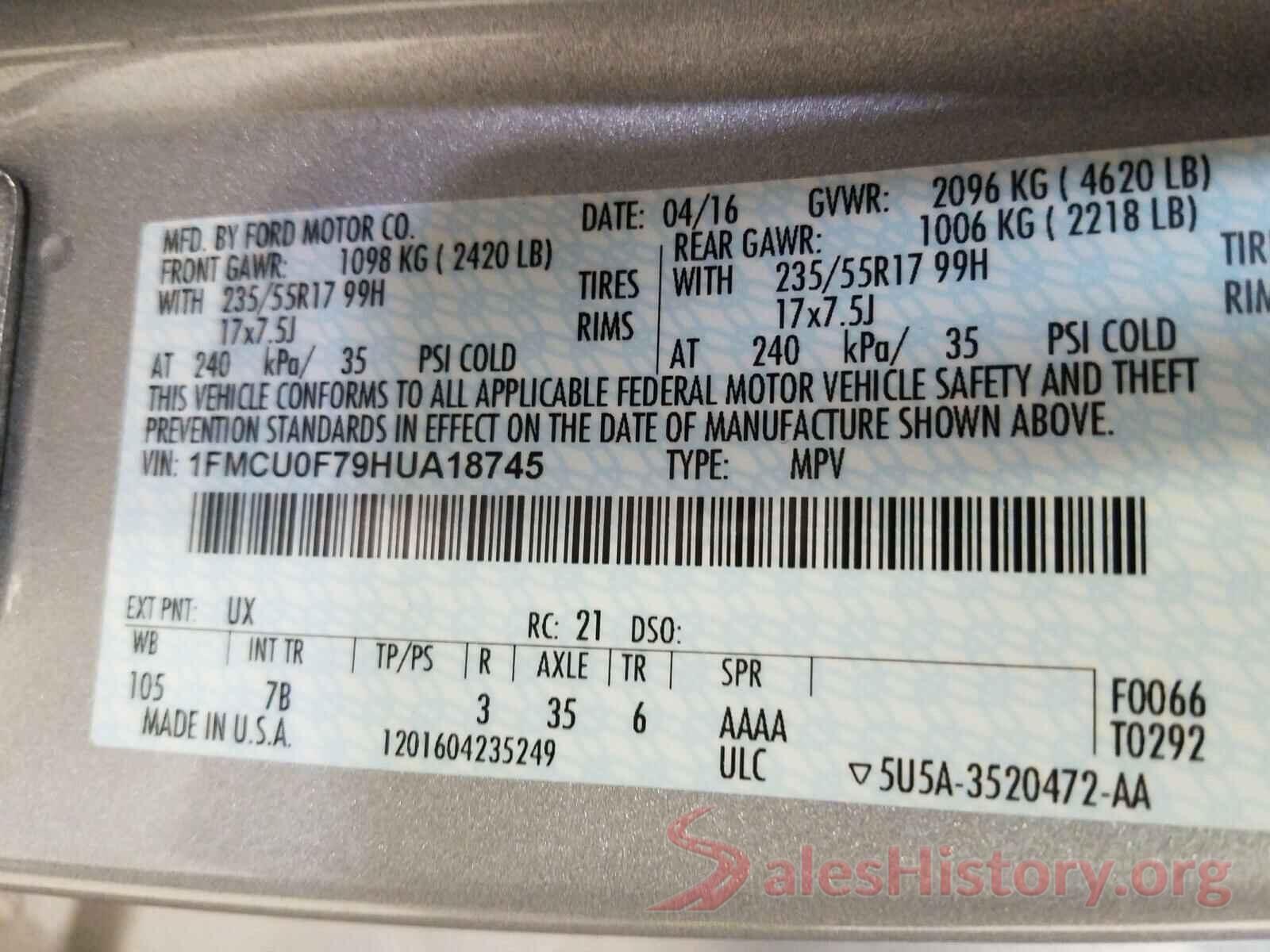 1FMCU0F79HUA18745 2017 FORD ESCAPE