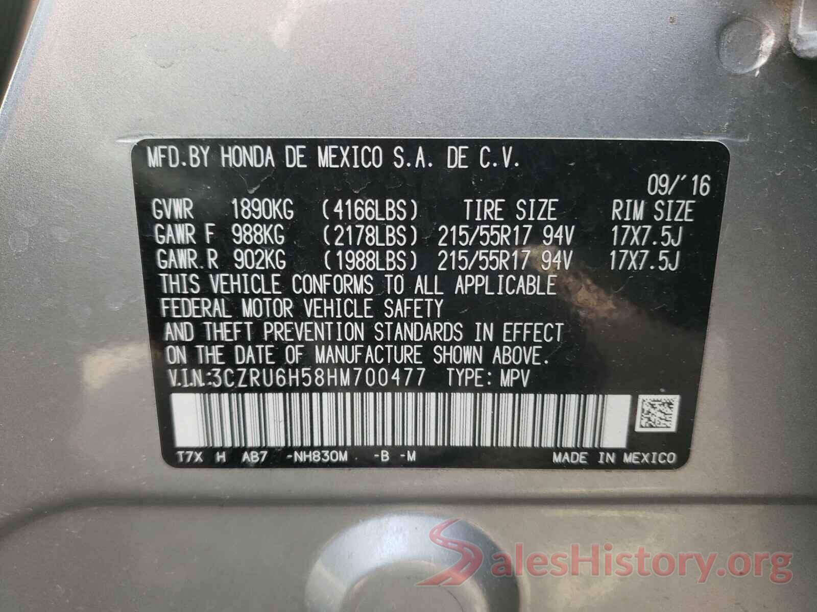 3CZRU6H58HM700477 2017 HONDA HR-V