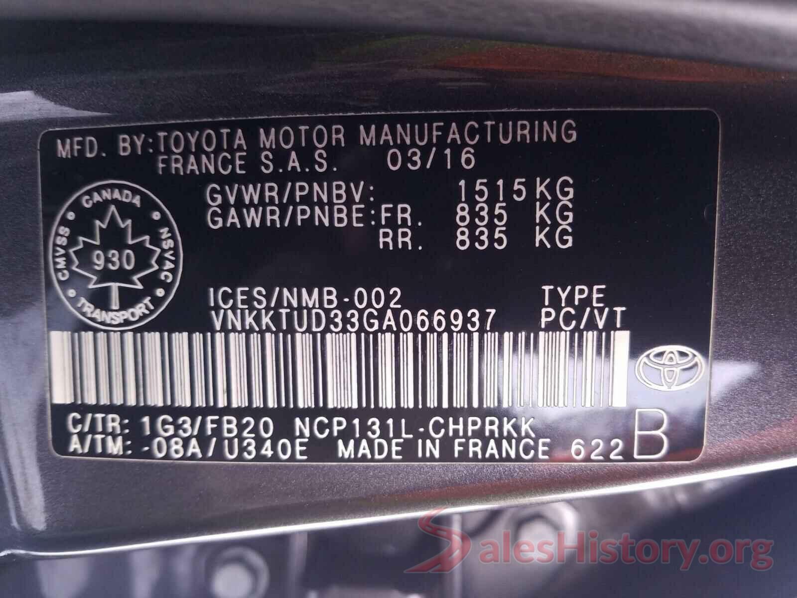 VNKKTUD33GA066937 2016 TOYOTA YARIS