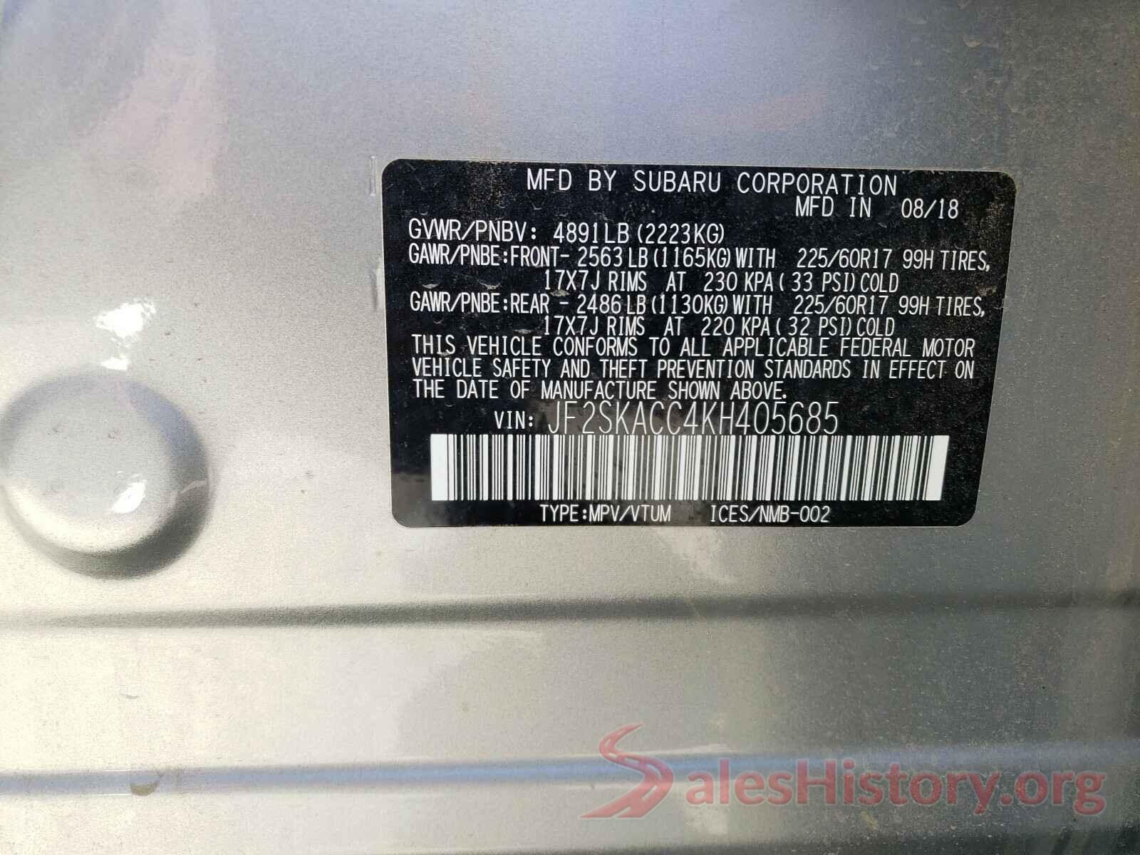 JF2SKACC4KH405685 2019 SUBARU FORESTER