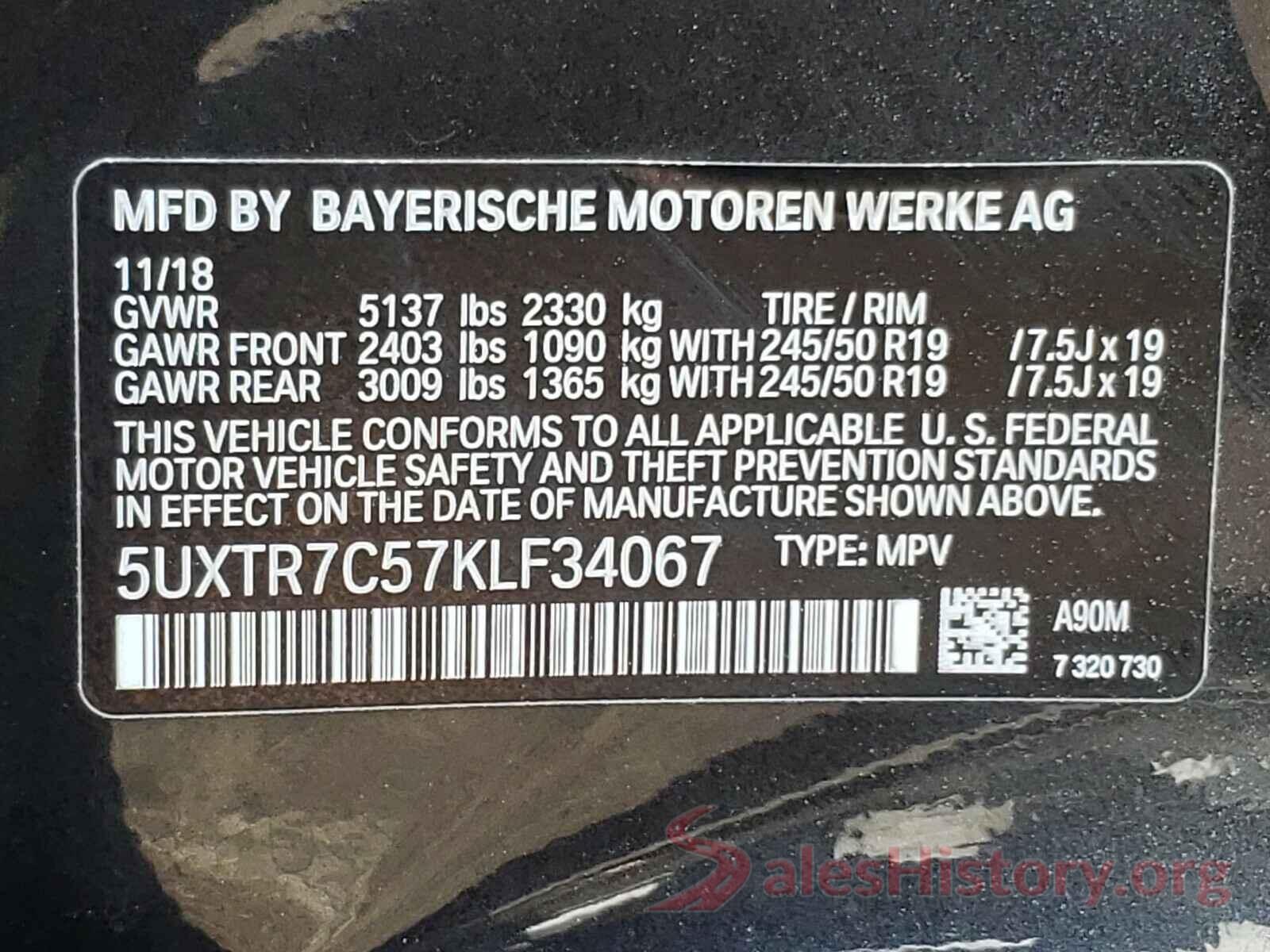 5UXTR7C57KLF34067 2019 BMW X3