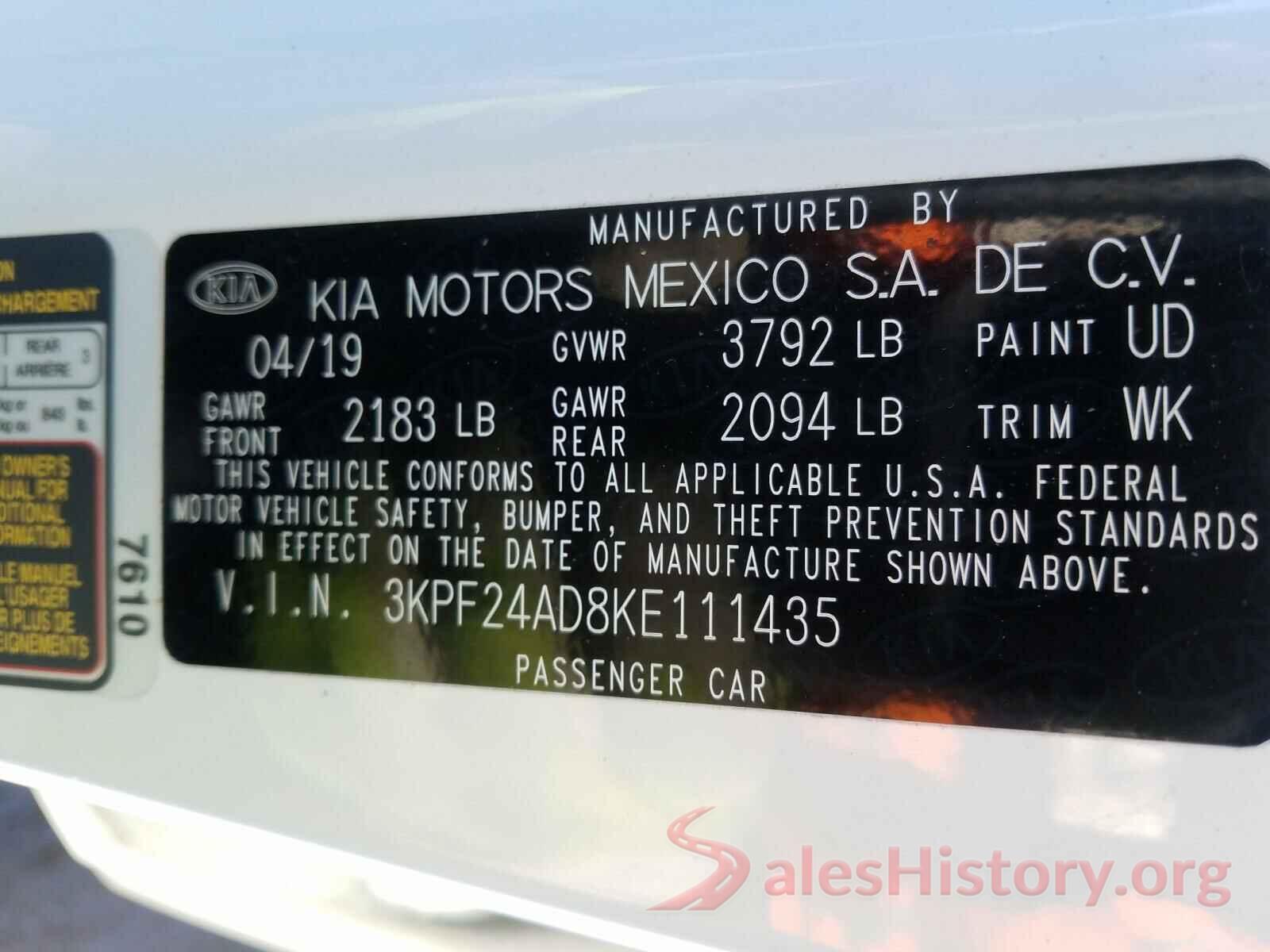 3KPF24AD8KE111435 2019 KIA FORTE