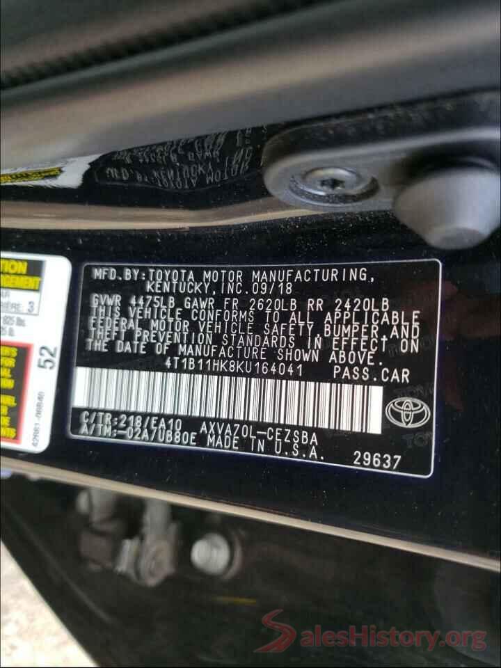 4T1B11HK8KU164041 2019 TOYOTA CAMRY