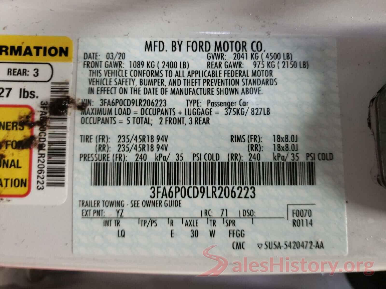 3FA6P0CD9LR206223 2020 FORD FUSION