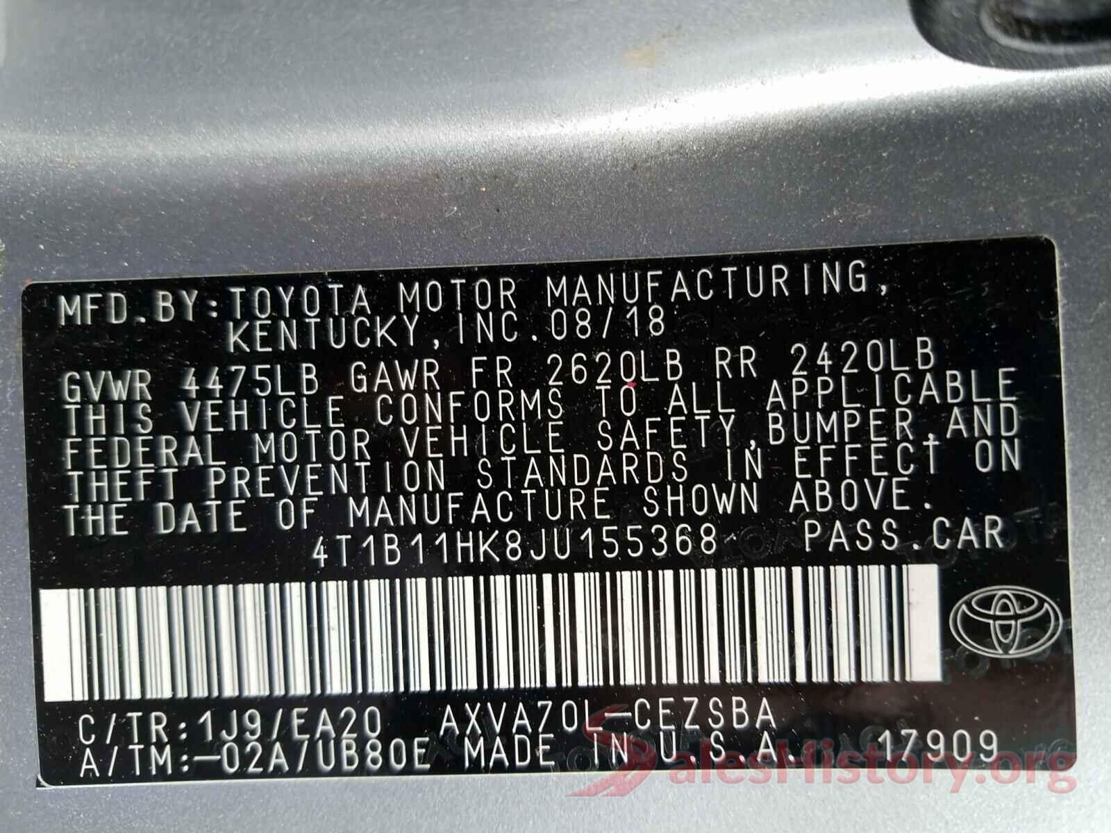 4T1B11HK8JU155368 2018 TOYOTA CAMRY