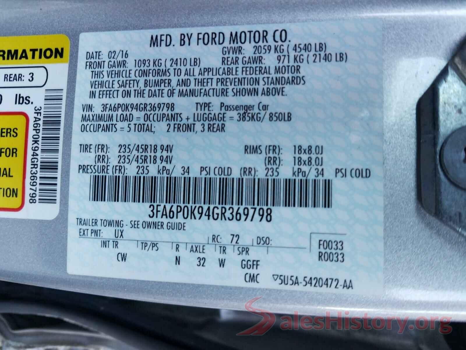 3FA6P0K94GR369798 2016 FORD FUSION