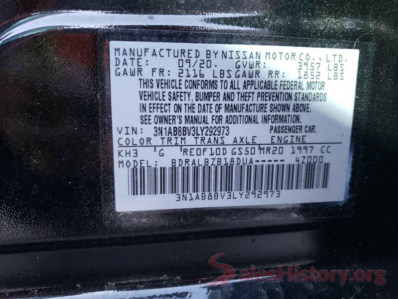 3N1AB8BV3LY292973 2020 NISSAN SENTRA