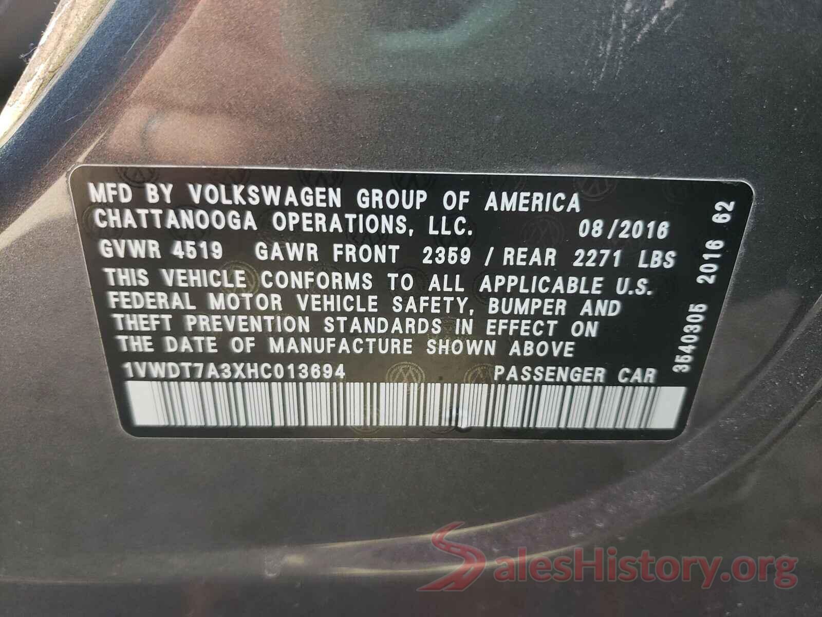 1VWDT7A3XHC013694 2017 VOLKSWAGEN PASSAT