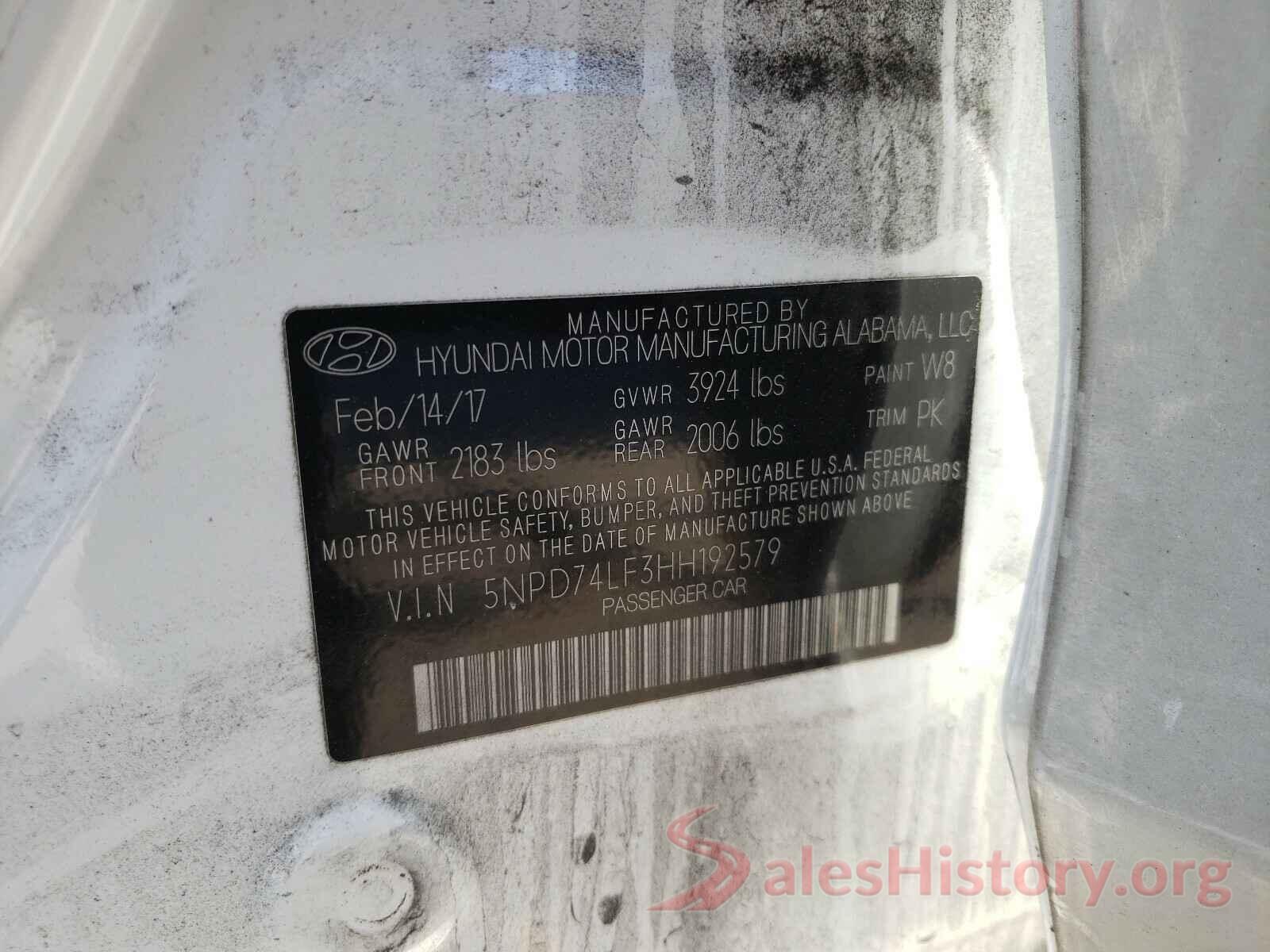 5NPD74LF3HH192579 2017 HYUNDAI ELANTRA