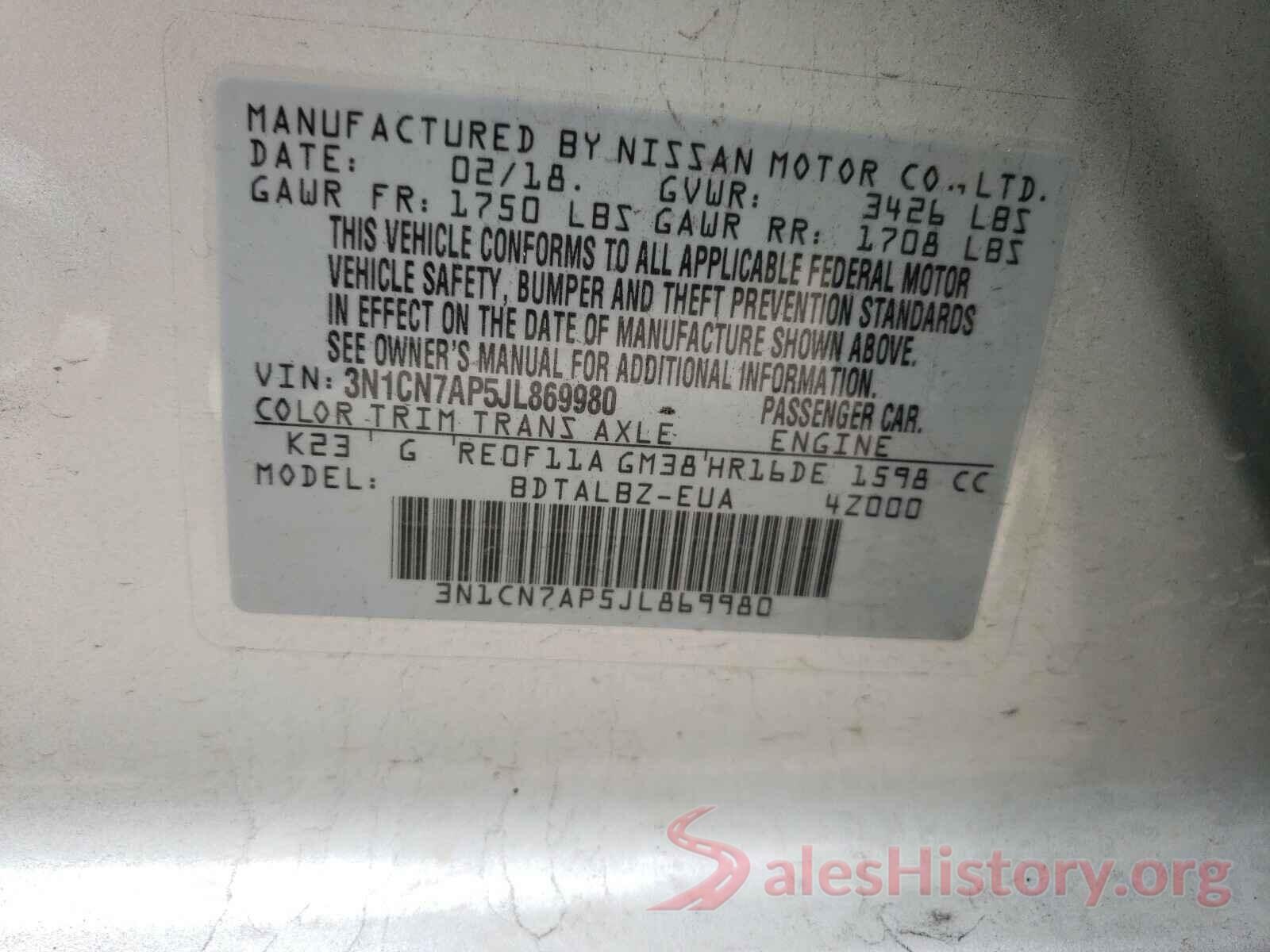 3N1CN7AP5JL869980 2018 NISSAN VERSA