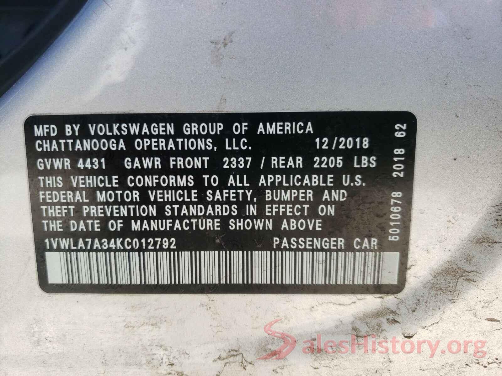 1VWLA7A34KC012792 2019 VOLKSWAGEN PASSAT