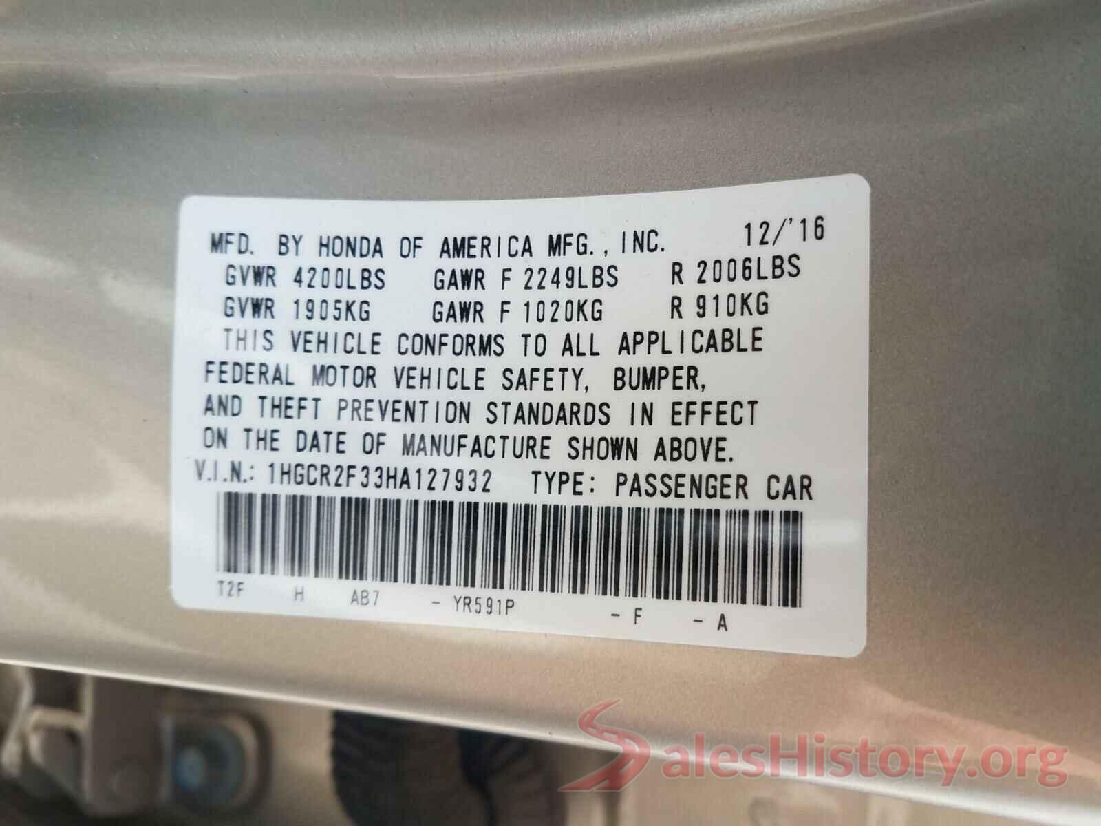 1HGCR2F33HA127932 2017 HONDA ACCORD