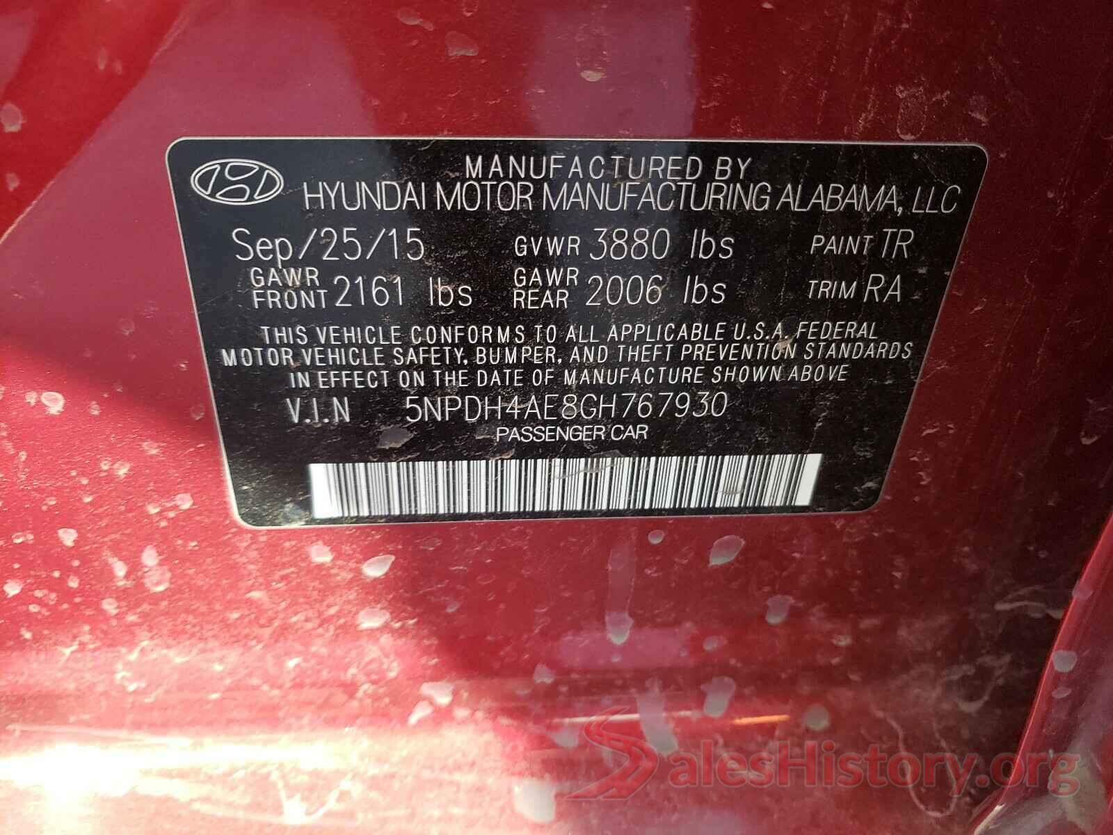 5NPDH4AE8GH767930 2016 HYUNDAI ELANTRA