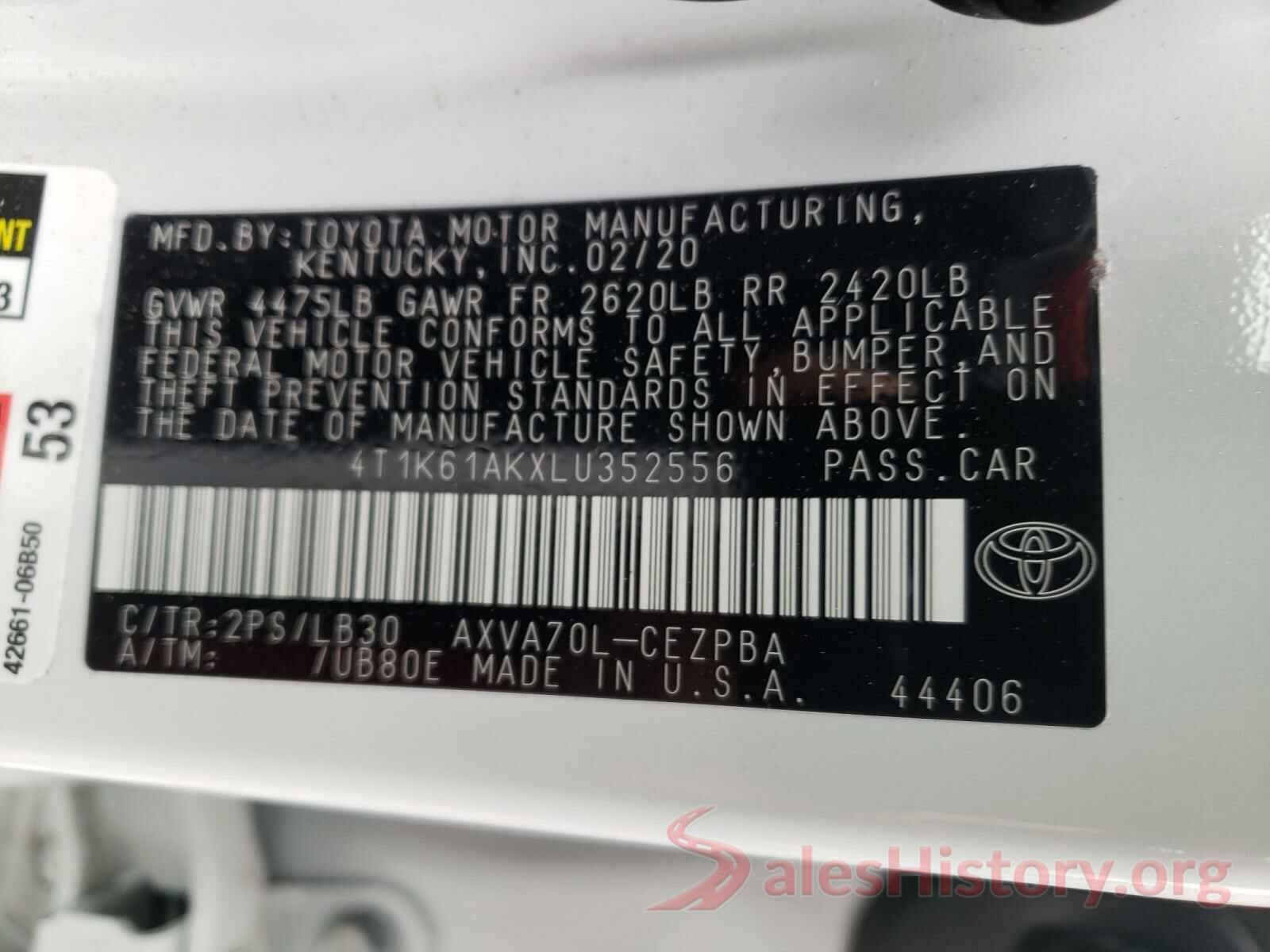 4T1K61AKXLU352556 2020 TOYOTA CAMRY