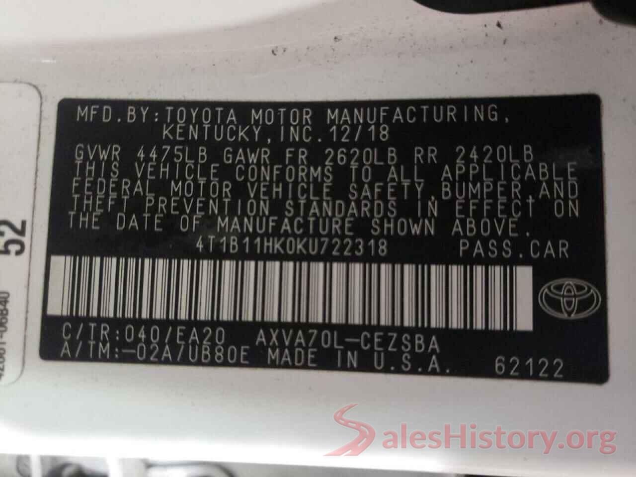 4T1B11HK0KU722318 2019 TOYOTA CAMRY